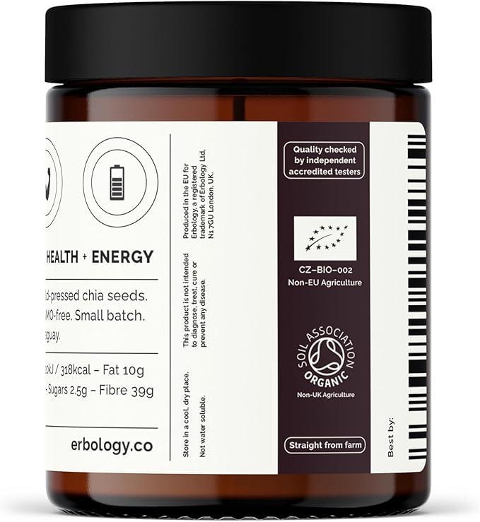 Erbology Organic Chia Powder 3.2 oz - Cold-Pressed from 100% Chia Seeds - Rich in Fibre Protein and Minerals - Raw Vegan and Gluten-Free - Non-GMO - Recyclable Glass Jar