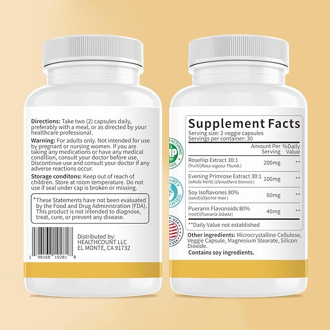 4-in-1 Women’s Hormonal Balance Complex Supplement | Rosehip Pueraria &amp Evening Primrose with Soy Isoflavones | Menstrual Cycle Menopause Energy Level &amp Healthy Skin Support