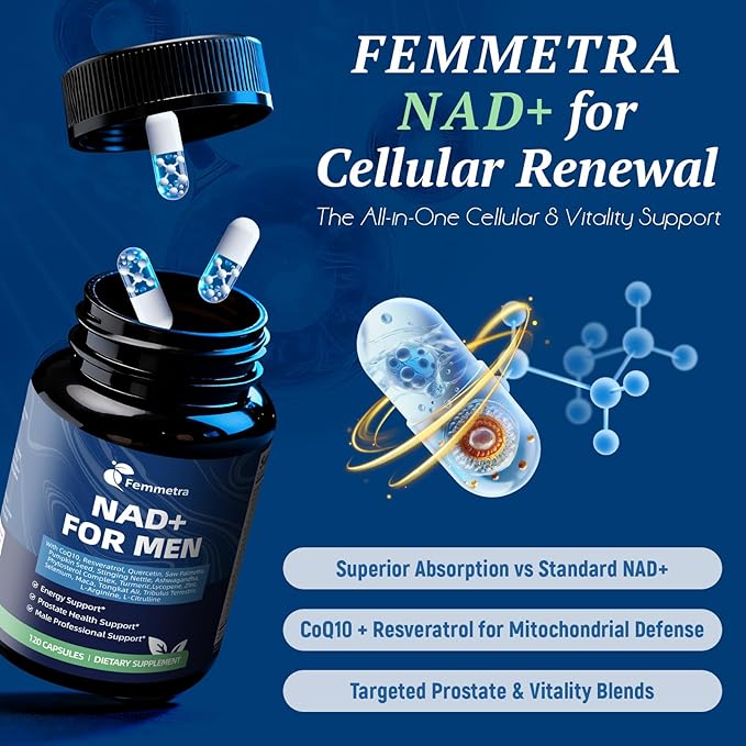 NAD Supplements for Men with 40+ | All-in-One Cellular Energy Prostate Support &amp Nitric Oxide Supplement with Saw Palmetto Resveratrol | Non-GMO 2 Bottles