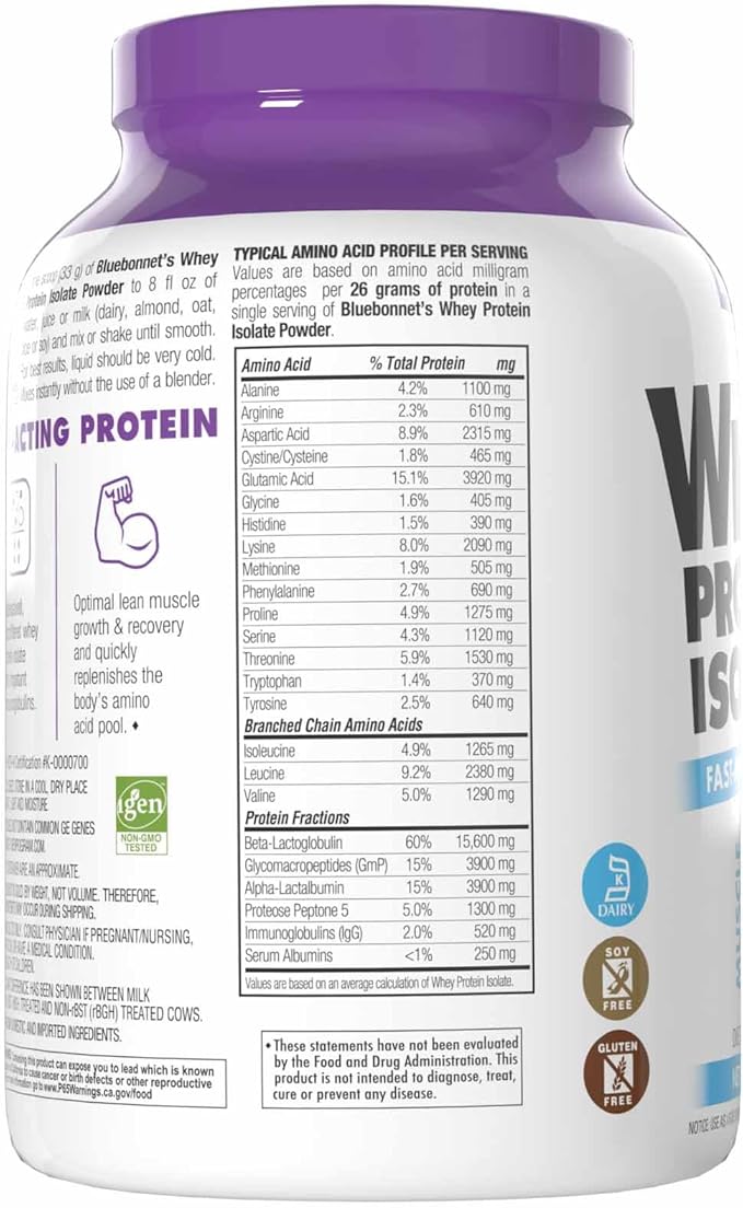 BlueBonnet Nutrition Whey Protein Isolate Powder From Grass Fed Cows 26g of Protein No Sugar Added Gluten &amp Soy free kosher Dairy 2 Lbs 28 Servings French Vanilla Flavor
