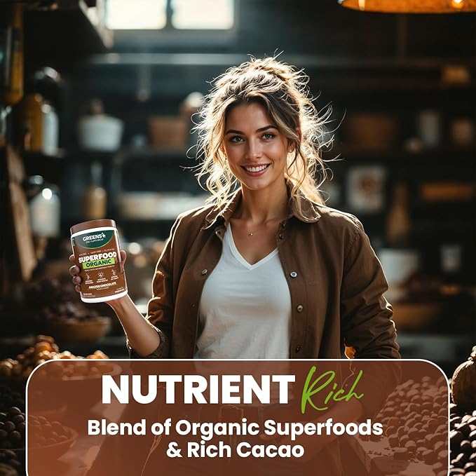 Greens+ Plus Organic Superfood Amazon Chocolate Boost Energy Essential Blend of Raw Foods Non GMO Gluten Free USDA Organic and Vegan Powder 8.46 oz