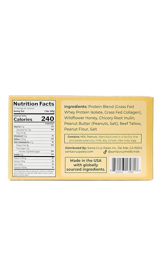 Santa Cruz Paleo Protein Bar – 20g Grass-Fed Whey &amp Collagen Protein – Wildflower Honey Sweetened No Seed Oils High Protein Snack Bar (Peanut Butter Flavor Pack of 10)
