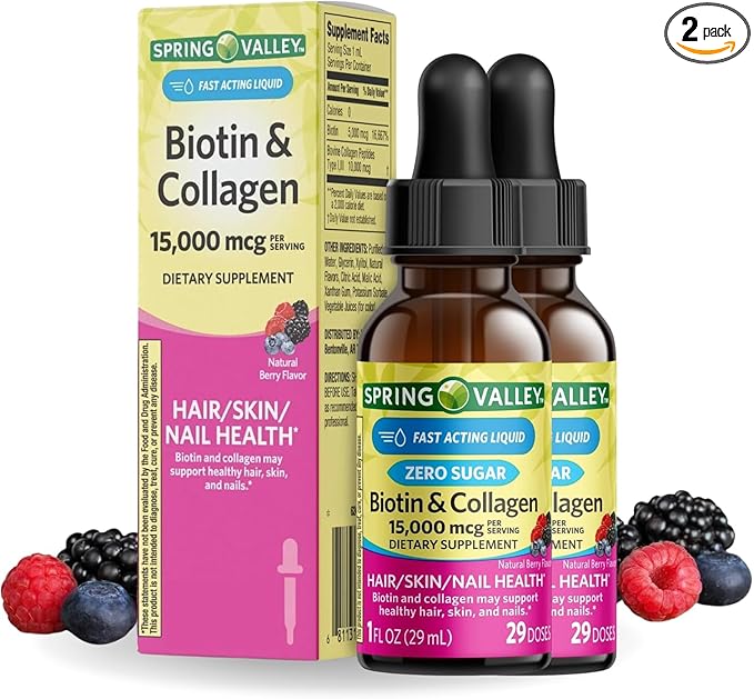 Liquid Biotin and Collagen 15000Mcg Natural Berry Flavor Drops for Hair Skin Nails z (Pack of 2)