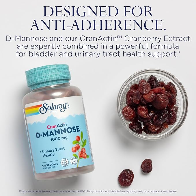 SOLARAY D-Mannose 1000mg with CranActin Cranberry Supplement 400mg Urinary Tract Health &amp Bladder Support Capsules with Vitamin C Vegan 60 Day Guarantee 60 Servings 120 VegCaps (120 CT)