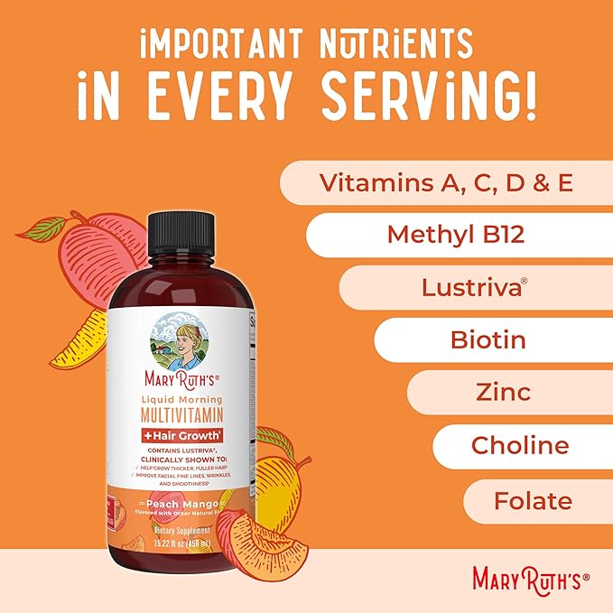 MaryRuth's Liquid Morning Multivitamin +Hair Growth (Peach Mango 15oz) &amp Nighttime Multimineral (Coconut 15oz) | Clean Label Project Verified® | Vegan Non-GMO | Beauty Bedtime Routine &amp We