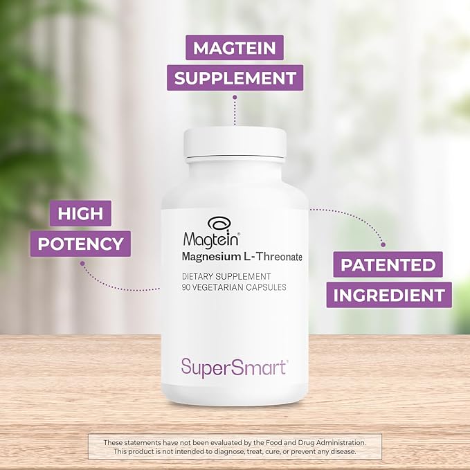 SuperSmart Magnesium L-Threonate 2000mg per Day (Patented Magtein) - Highly Bioavailable Magnesium Threonate - Brain Supplement | Non-GMO &amp Gluten Free - 120 Vegetarian Capsules
