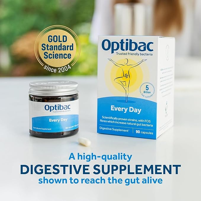 OptiBac Probiotics for Digestive Health 90 Capsules | 6 Scientifically Researched Strains with 5 Billion Live Cultures | Gluten Free &amp Vegetarian | Supports Gut Flora &amp Digestive Health