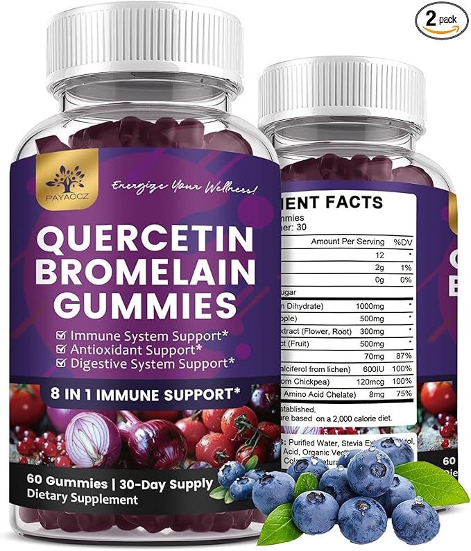 (2 Pack) Quercetin Gummies with Bromelain Zinc Elderberry Vitamin C D3 K2 Quercetin 1000mg Supplement with Bromelain 500mg for Cardiovascular Immune System &amp Allergy Vegan Gummy for Adult &amp