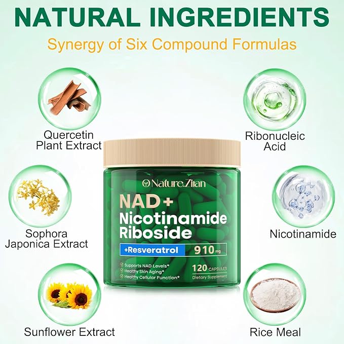 NAD Supplement NAD Nicotinamide Riboside 910 Mg for Men and Women Liposomal Nicotinamide Riboside Resveratrol for Anti-Aging Energy Focus Boost NAD+ - 120 Capsules