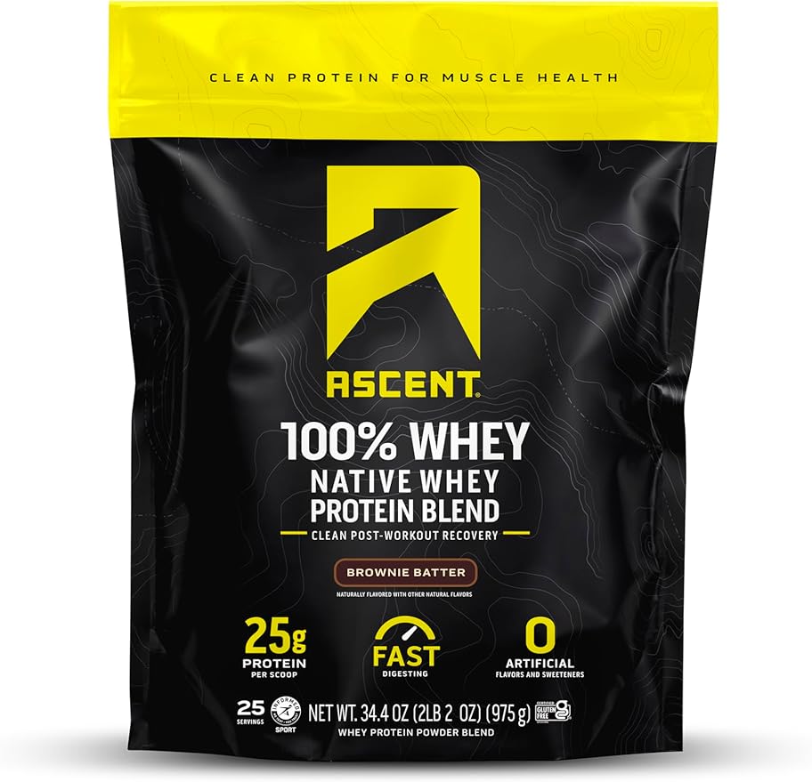 Ascent 100% Whey Protein Powder - Post Workout Whey Protein Isolate Zero Artificial Flavors &amp Sweeteners Gluten Free 5.5g BCAA 2.6g Leucine Essential Amino Acids Brownie Batter 1.7 lb