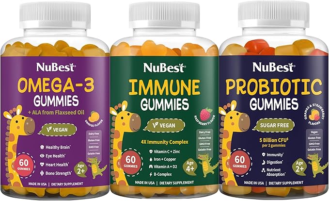 Bundle 3X with Omega 3 Gummies Immune Gummies Probiotics Gummies - Support Brain Gut &amp Immune Health for Kids &amp Teens