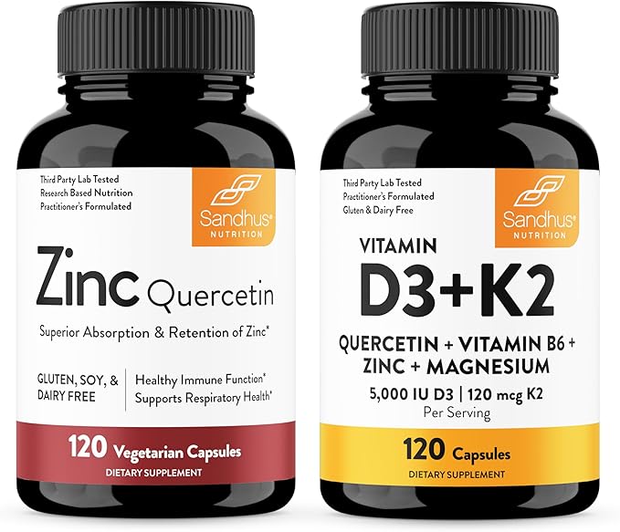 Sandhu's Zinc Quercetin &amp Vitamin D3 K2 Capsules (120 Count Each) | Supports Immune Energy Skin &amp Muscle Health