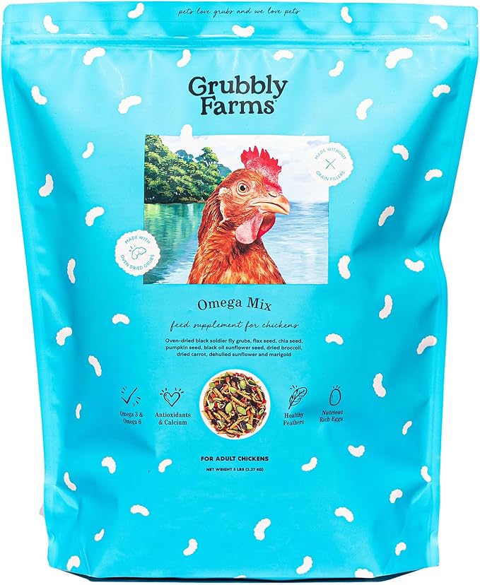 Grubbly Farms Omega Mix Chicken Treats for Laying Hens - Superfood and Omega-Rich Chicken Feed Supplement to Support Egg Production Strong Eggshells and Nutritious Yolks - 5LB