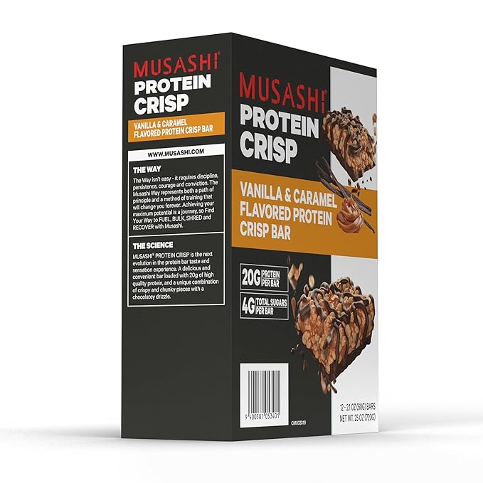 MUSASHI Protein Crisp Bar 20g Protein 4g Total Sugars Vanilla &amp Caramel Post Workout and Snack On The Go 12 Pack of 2.1oz (60g) Bars