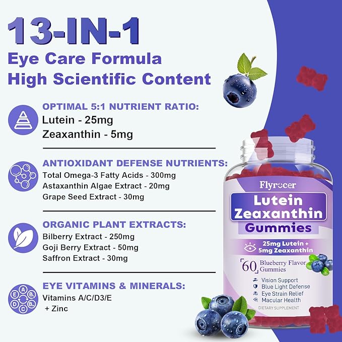 Sugar Free Lutein Gummies 25mg Lutein and Zeaxanthin Supplements for Eye Health13-in-1 Eye Care Formula with Omega-3 Bilberry Saffron-Vision Health Eye StrainDry EyesVegan Blueberry Flavor 120 Ct