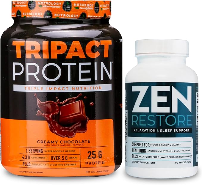 Nutrology TRIPACT Protein Powder 7-in-1 Meal Replacement Shake Creamy Chocolate Flavor (20 Servings) Zen Natural Magnesium Supplement (30 Servings)