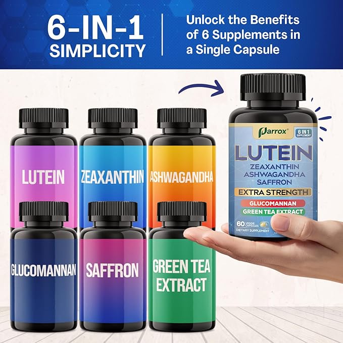 Lutein Supplement with Zeaxanthin Ashwagandha Saffron Green Tea Extract Glucomannan Eye Vitamins for Adults Vision Health Supplement Plant-Based Formula for Daily Support (60 Caps)
