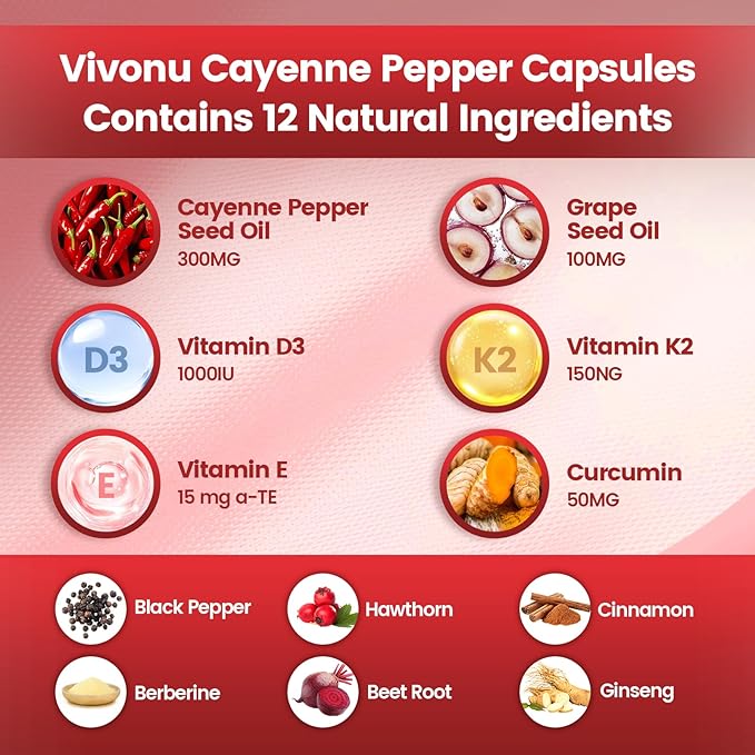 VivoNu Cayenne Pepper Softgels Supplement with Vitamin E D3+K2 and Extracts of Grape Seed Hawthorn Beetroot Berberine and Others Supports Leg Vein Heart and Blood Vessel Health