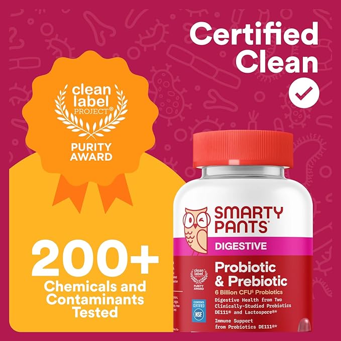 SmartyPants Adult Probiotic &amp Prebiotic Gummies for Digestive Health: 6 Billion CFU Gut Health Supplement Clinically Studied Prebiotic for Immune Support Grape 60 Count (30 Day Supply)