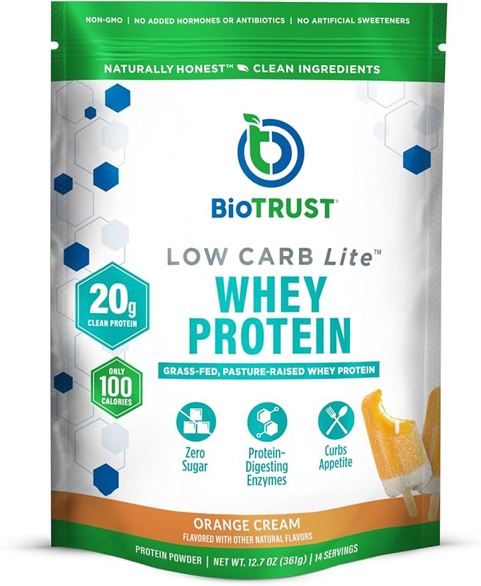 BioTrust Low Carb Lite 20 Grams of Grass-Fed Whey Protein Isolate 100 Calories ProHydrolase Digestive Enzymes Non-GMO Free from Soy and Gluten rBGH-Free (14 Servings) (Orange Cream)