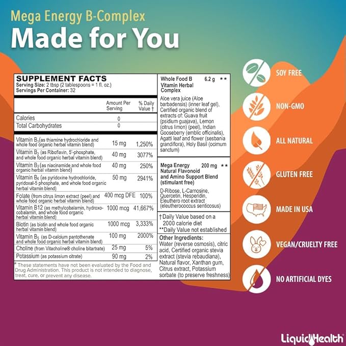 LIQUIDHEALTH Complete Multiple &amp Mega Energy B-Complex Daily Liquid Vitamins Bundle for Adults - Immune System Support Increase Energy Gut &amp Heart Health - Whole Foods Vegan Non-GMO Made
