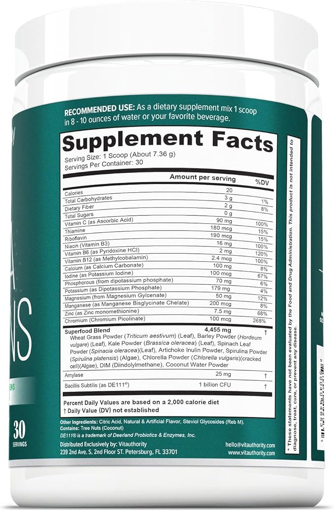 Vitauthority Vita Greens Superfood Powder: Immune and Digestion Support | Enhanced Energy | Daily Multivitamin Blend