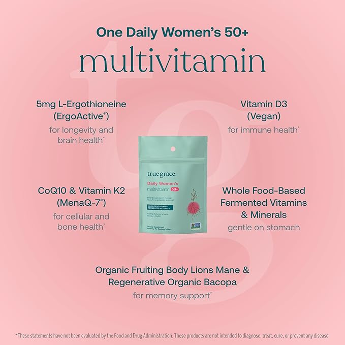 True Grace Daily Women’s Multivitamin 50+ - 120 Easy-to-Swallow Tablets - Immune Energy Longevity &amp Memory Support - Vegan - Gluten Soy &amp Iron Free - 60 Servings