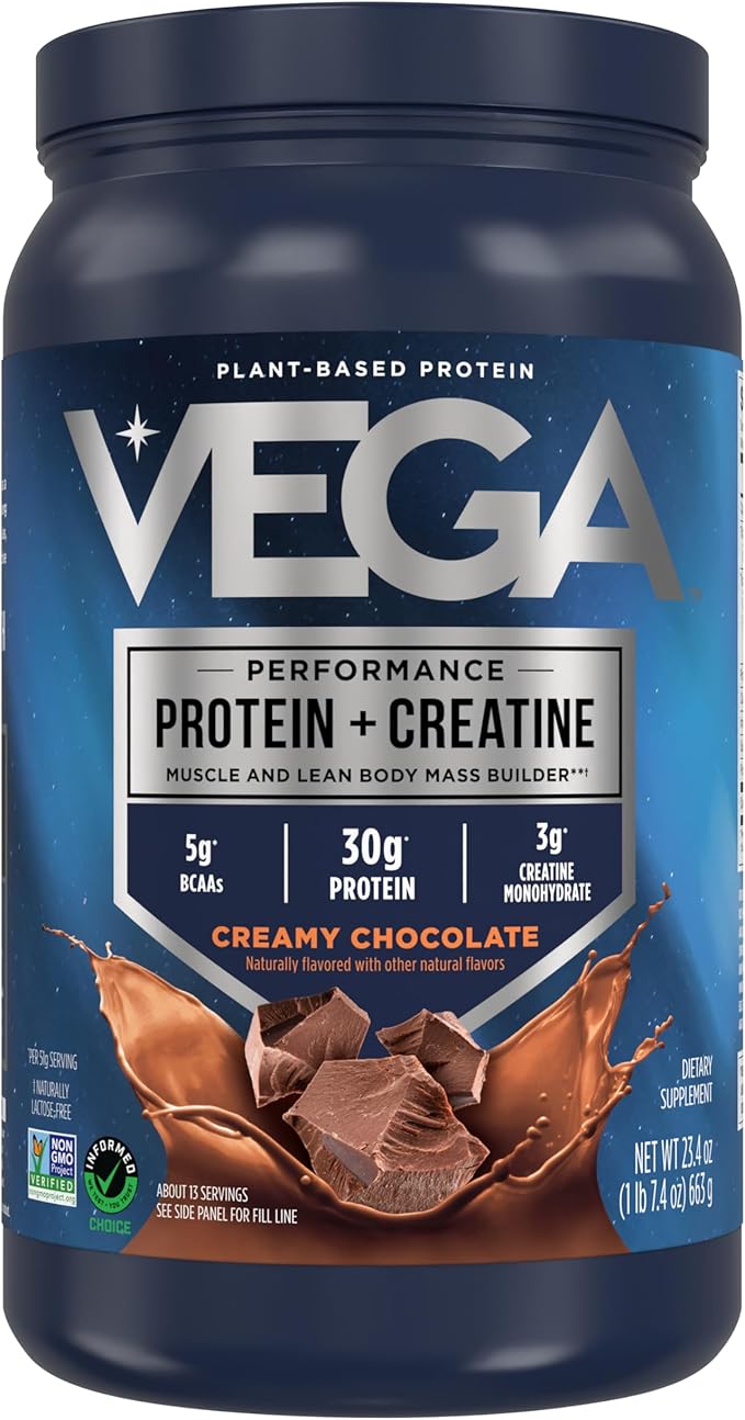 Vega Protein + Creatine - 30g Plant-Based Protein Chocolate 13 Servings 3g Creatine 5g BCAAs Vegan Keto Gluten Free Dairy Free Low Carb for Muscle Growth &amp Repair Drink Mix 23.4oz