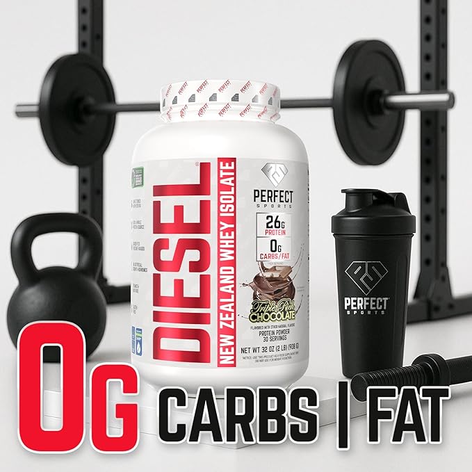 PERFECT SPORTS Diesel 100% New Zealand Whey Protein Isolate | Stevia Sweetened No Artificial Ingredients Keto | 0g Carb 0g Fat 26g Protein | 2 Pounds (Triple Rich Dark Chocolate)