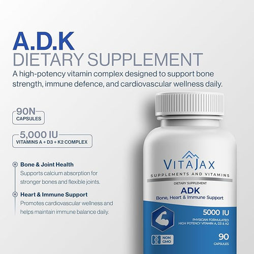 ADK - Vitamin ADK Supplement 90 Capsules - High Potency Vitamin A D3 (5000 IU) K2 as MK-7 for Bone Heart &amp Calcium Absorption – Non-GMO Gluten Free (3 Month Supply)