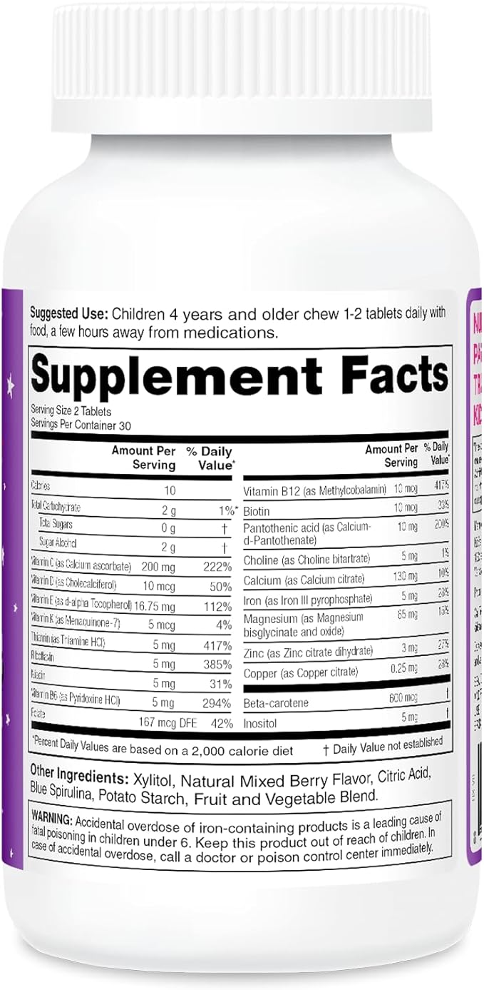 KidStar Nutrients StarMulti Chewable Multivitamin and Multimineral Tablets for Kids Plus Organic Fermented Whole Foods Vegan Sugar Free Space Berry 60 Chewable Tablets