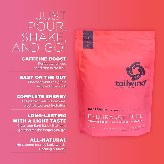 Tailwind Nutrition Endurance Fuel Carbohydrate &amp Electrolyte Sports Drink Mix Powder Gluten-Free Vegan Raspberry Buzz 50 Servings (Caffeinated)