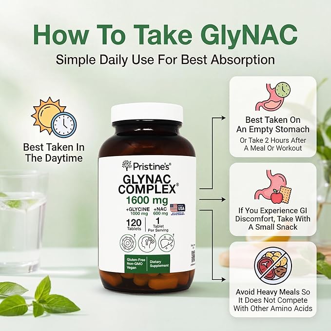 PRISTINE'S GlyNAC Complex Glutathione Production Supplement Tablets - 3rd Party Tested Anti Aging Sleep Quality &amp Cognitive Support Supplement - Glycine &amp NAC Gluten Free Non GMO USA Made