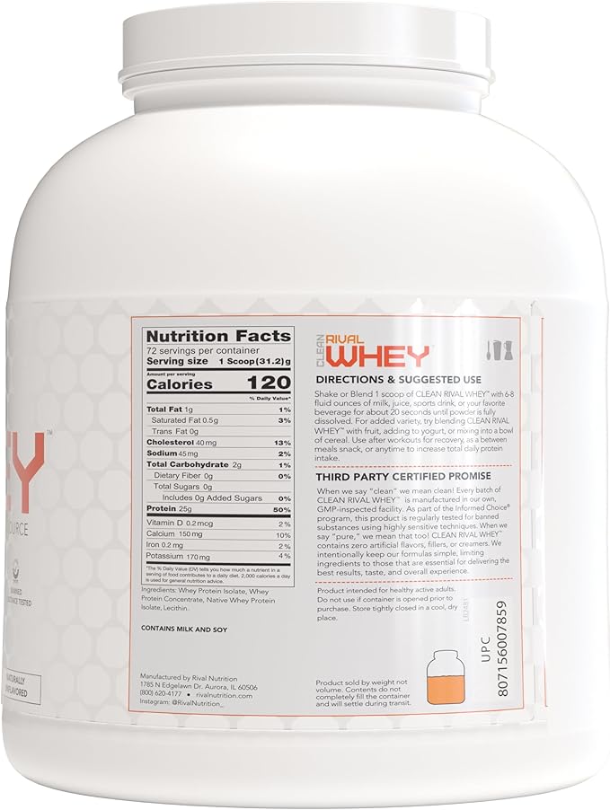 RIVAL NUTRITION Clean Rival Whey – 5LB Unflavored – 100% Whey Protein Powder Whey Isolate Primary Source | 25g Protein Muscle Gain/Recovery | All Natural No Artificial Ingredients - 72 Servings