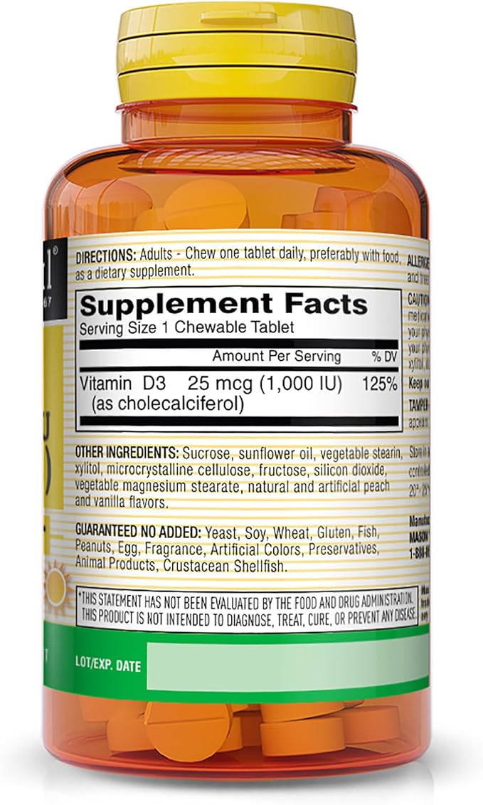 Mason Natural Vitamin D3 1000 IU (25 mcg) Peach Vanilla Chewable Tablets for Adults &amp Kids to Support Muscle Function 50-Day Supply (Pack of 3)