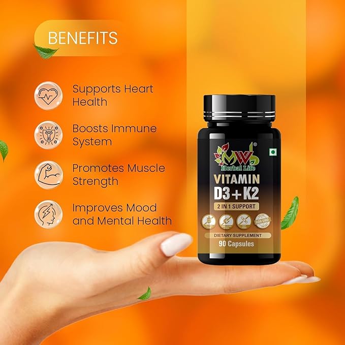 Vitamin D3 K2 Capsules | 90 Veg Capsules | 2 in 1 Support for Heart Health | Strong Bones &amp Muscle Strength | Immunity &amp Mood Booster | Dietary Supplement