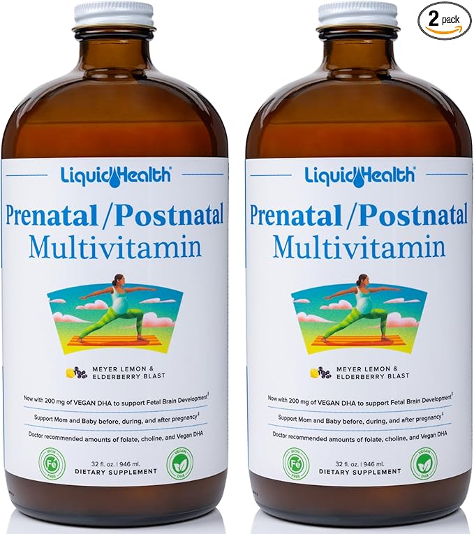 LIQUIDHEALTH Prenatal/Postnatal Multiple Liquid Women's Multivitamin with Real Folate - Pre &amp Postnatal Vitamins for Before During After Pregnancy - Made in USA Vegan Sugar-Free Non-GMO (2 Pa