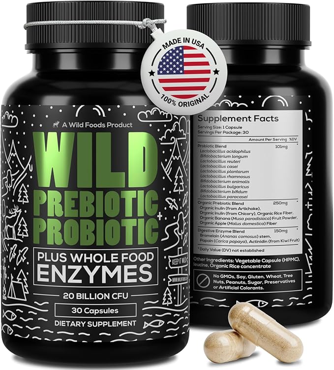 Wild Prebiotics and Probiotics with Digestive Enzymes | 20 Billion CFU - 10 Strains for Women &amp Men | Support Gut Health &amp Digestion Supplements | Non-GMO Prebiotic Fiber | 30 Capsules