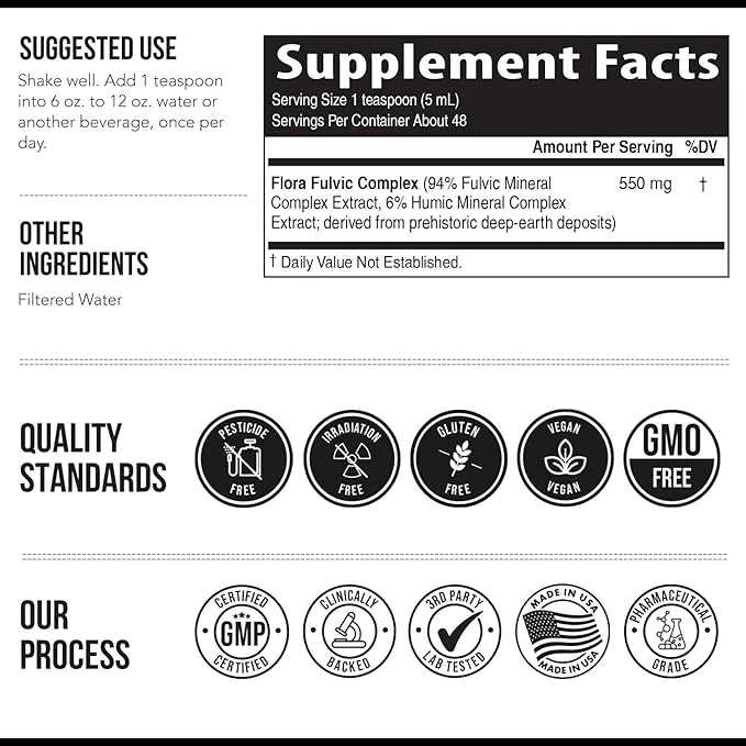 Flora Fulvic | Fulvic Acid + Humic Acid Complex – 550 mg | Mined in Utah Prehistoric Deep Earth Extract | Immunity Gut Digestion – Natural Trace Mineral Complex Fulvic Acid Supplement – 8 fl oz.