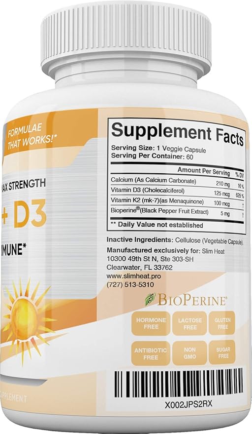 Vitamin K2 + D3 with Calcium - Bone Heart and Immune Formula - K2 D3 Vitamin Supplement for Women and Men - 60 Capsules
