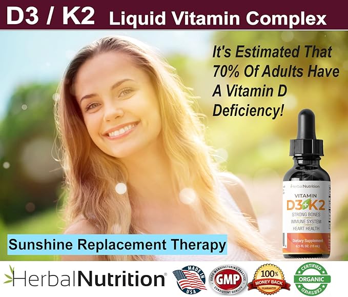 Herbal Nutrition Organic Vitamin D3 K2 Drops – 5000 IU D3 + 63mcg MK7 K2 – 270 Servings Vegan Liquid Supplement Superior Delivery – Bone Heart Immune &amp Mood Support – Peppermint Flavor