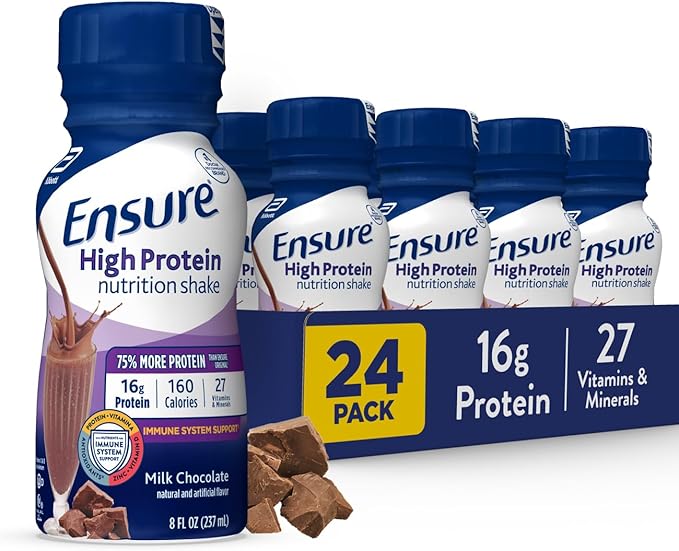 Ensure High Protein Milk Chocolate Nutrition Shake With Fiber 8 Fl Oz (Pack of 24) &amp Ensure Original Milk Chocolate Nutrition Shake | Meal Replacement Shake | 24 Pack Bundle