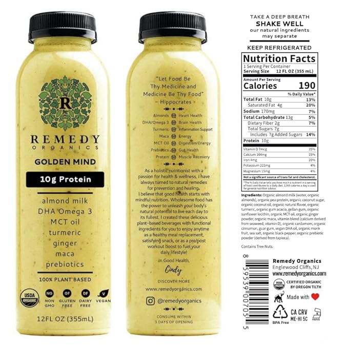 Remedy Organics Golden Mind 12-Pack | Plant Based Protein Shakes Ready to Drink | USDA Organic Gluten Free Dairy Free Soy Free