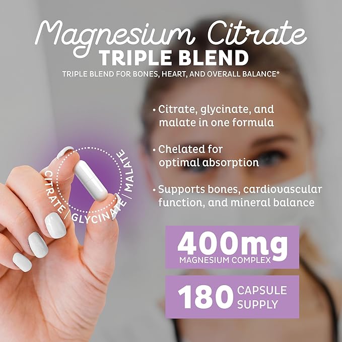 Zeal Naturals Triple Magnesium Complex Supplement - Glycinate Malate Citrate | 400mg 180 Capsules | High Absorption Chelated Magnesium for Sleep Mood Muscle Recovery Relaxation