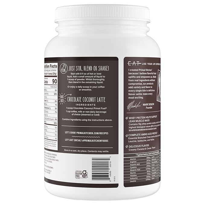 Primal Kitchen Primal Fuel Chocolate Coconut Whey Protein Powder Gluten and Soy Free 1.94 Pounds