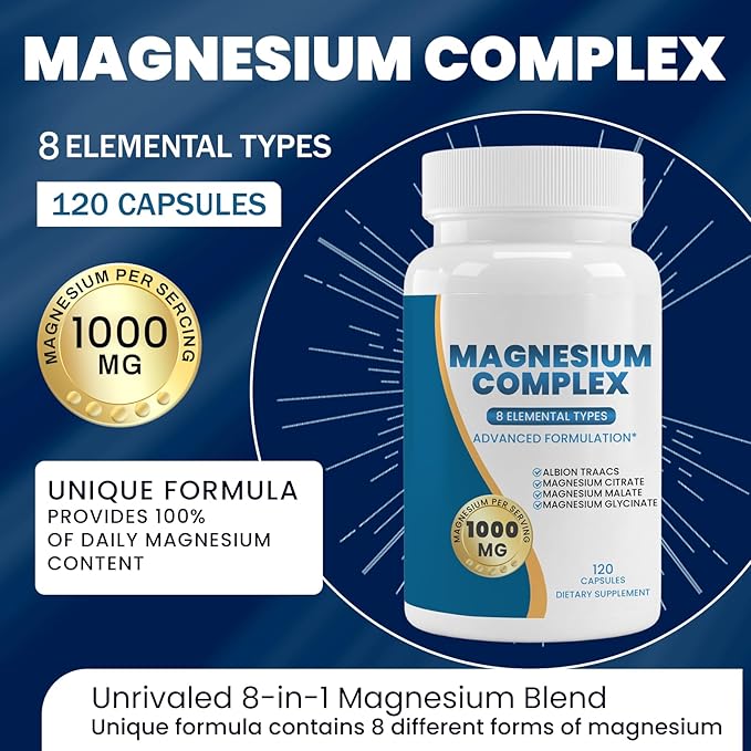 Magnesium Complex Supplement 120 Capsules (Provided by 1000 mg of Eight Different Forms of Magnesium) 100% Daily Recommended