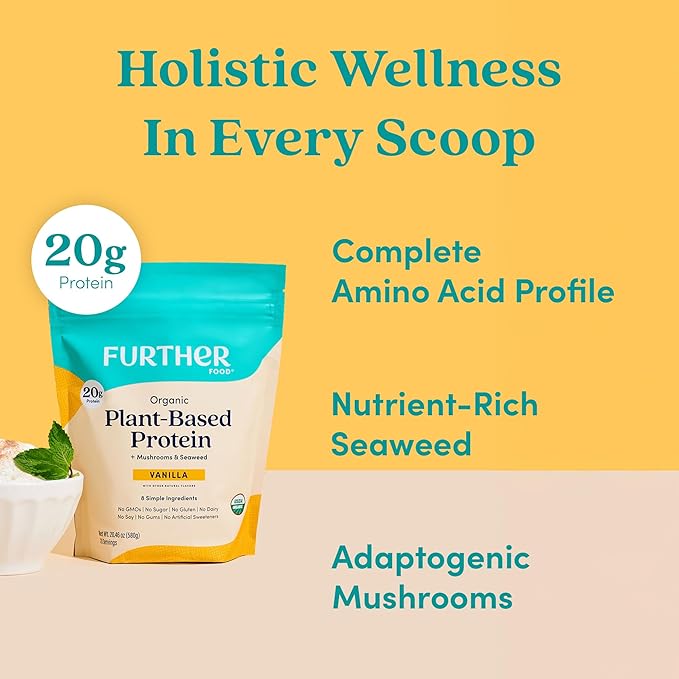Further Food Organic Vegan Protein Powder Vanilla – 20g Pea Protein with Mushrooms &amp Seaweed Non-GMO Gluten Free Sugar Free 20.46 Oz