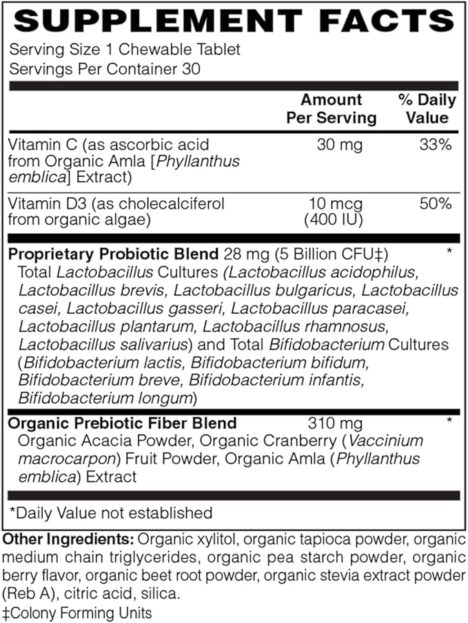 Holly Hill Health Foods Organic Kids Comfort 5 Billion Probiotic Berry 30 Chewable Tablets