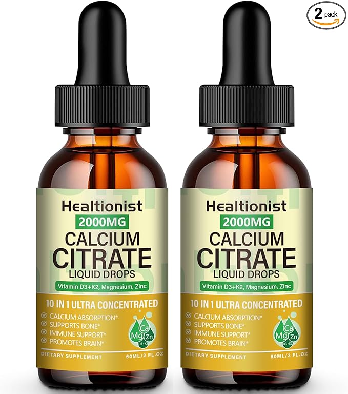 2 Packs 2000mg Calcium Citrate with Vitamin D3 K2 Supplements Liquid Drops for Women &amp Men Magnesium Zinc High Absorption Bone Teeth Muscle &amp Immune Support 4 Fl oz