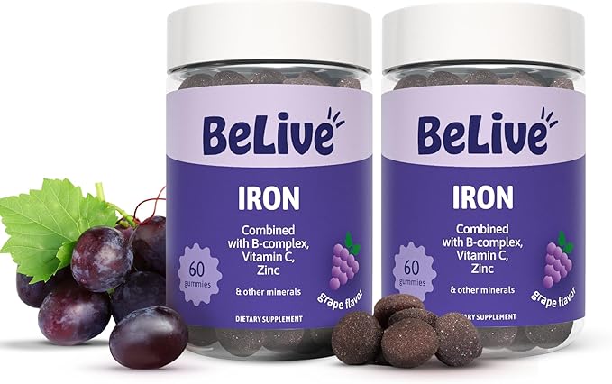 BeLive Iron Gummies - Multivitamin Iron Supplement with Vitamin C A B &amp Zinc Supports Blood Oxygen Vegan Supplements for Women Men &amp Kids for Growth and Development - Grape Flavor | 2-Pac